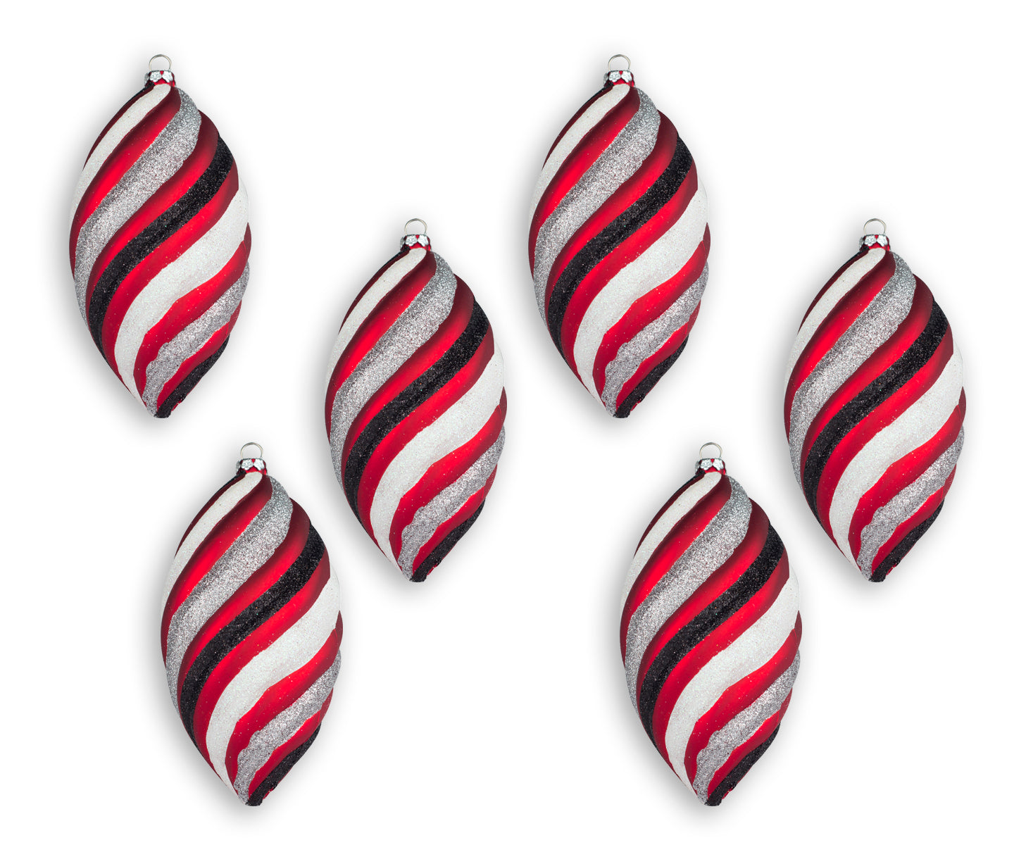 6 Pack of Red, Black, and White Teardrop Ornaments with Black and White Glitter Enhancements