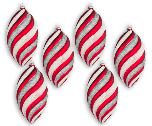 6 Pack of Red, White, and Silver Teardrop Ornaments with Silver and White Glitter Enhancements