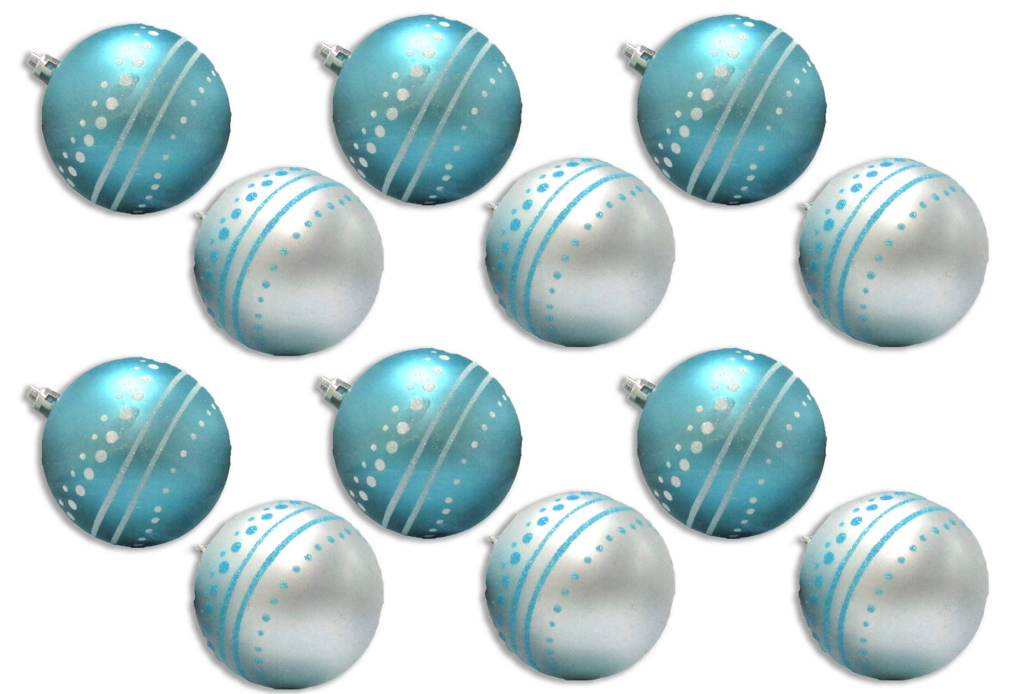 12 Pack of Matte Aqua and Silver Ball Ornaments with Silver and Aqua Glitter Designs