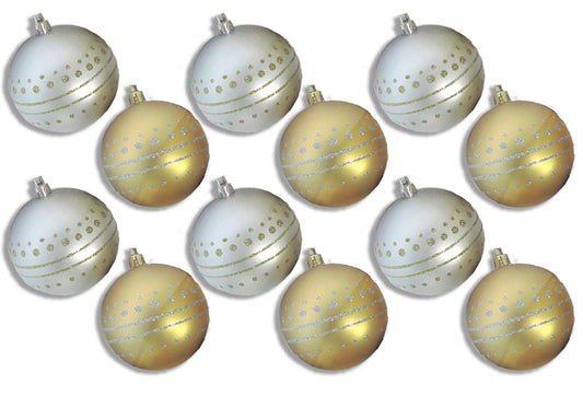 12 Pack of Matte Silver and Gold Ball Ornaments with Silver and Gold Glitter Designs