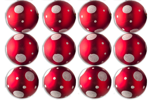 12 Pack of Matte Red Ball Ornaments with White Glitter Polka Dots