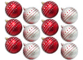 12 Pack of Matte White and Red Ball Ornaments with Red and White Glitter Designs