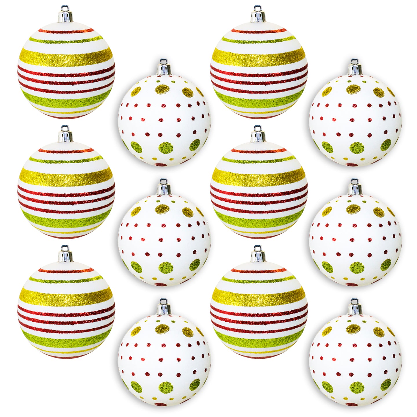 12 Pack of Matte White Ball Ornaments with Red and Lime Green Glitter Designs