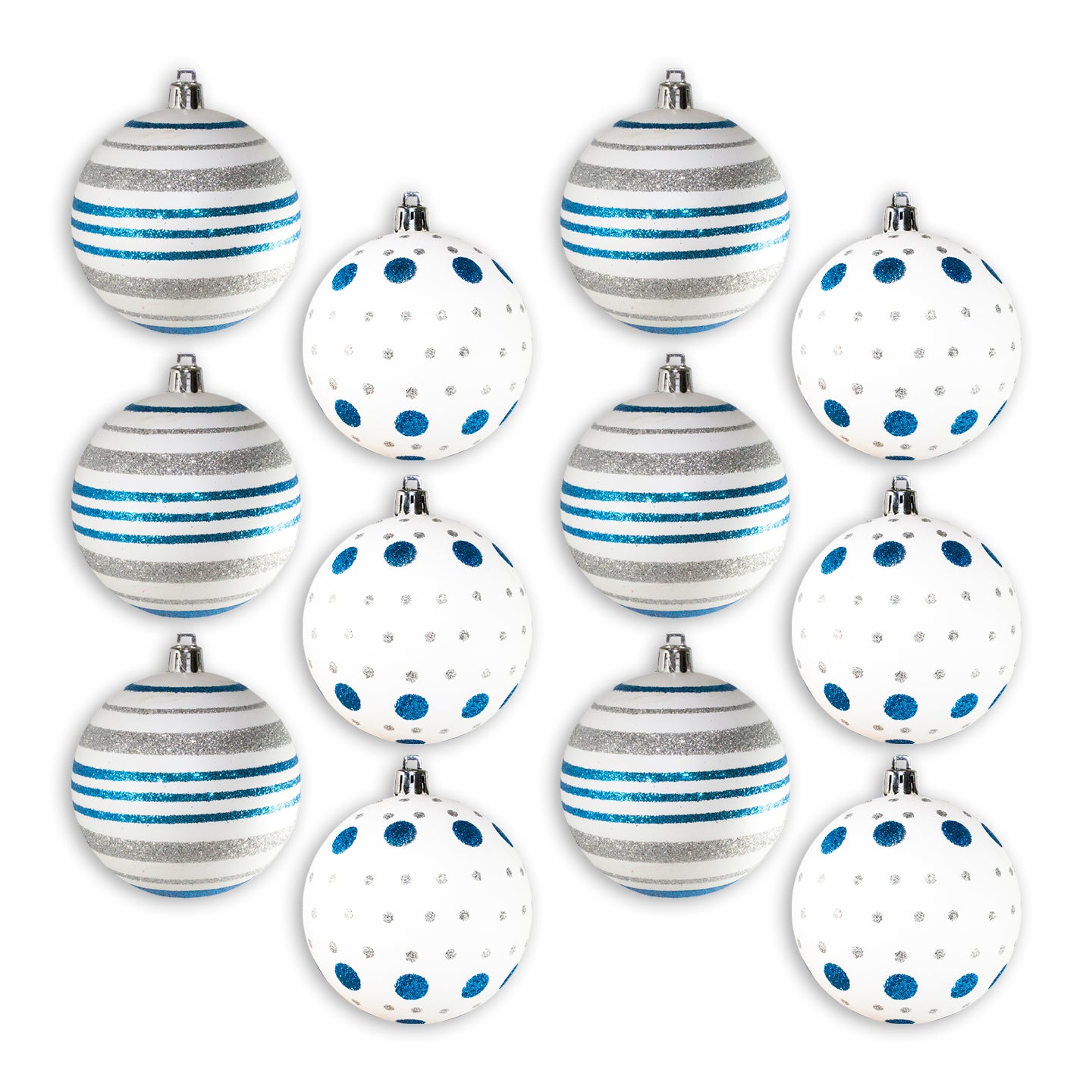 12 Pack of Matte White Ball Ornaments with Silver and Aqua Glitter Design