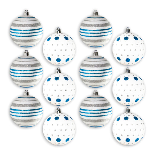 12 Pack of Matte White Ball Ornaments with Silver and Aqua Glitter Design