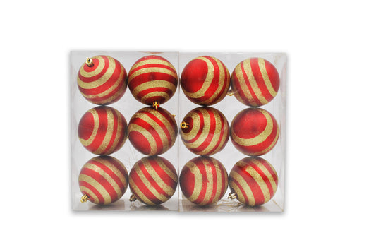 12 Pack of Matte Red Ball Ornaments with Gold Glitter Stripes