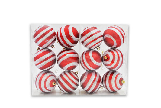 12 Pack of Matte Red Ball Ornaments with White Glitter Stripes