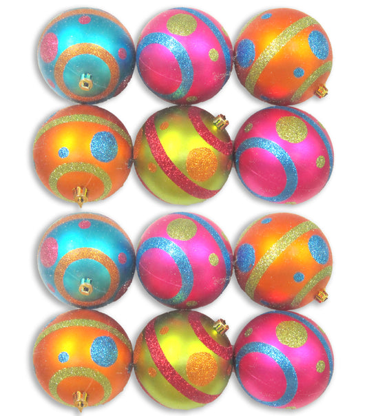 12 Pack of Margi Gras Assorted Ball Ornaments with Glitter Enhancements