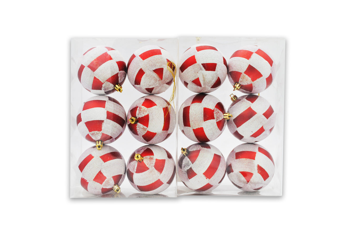 12 Pack of Red and White Plaid Ball Ornaments with Glitter Enhancement