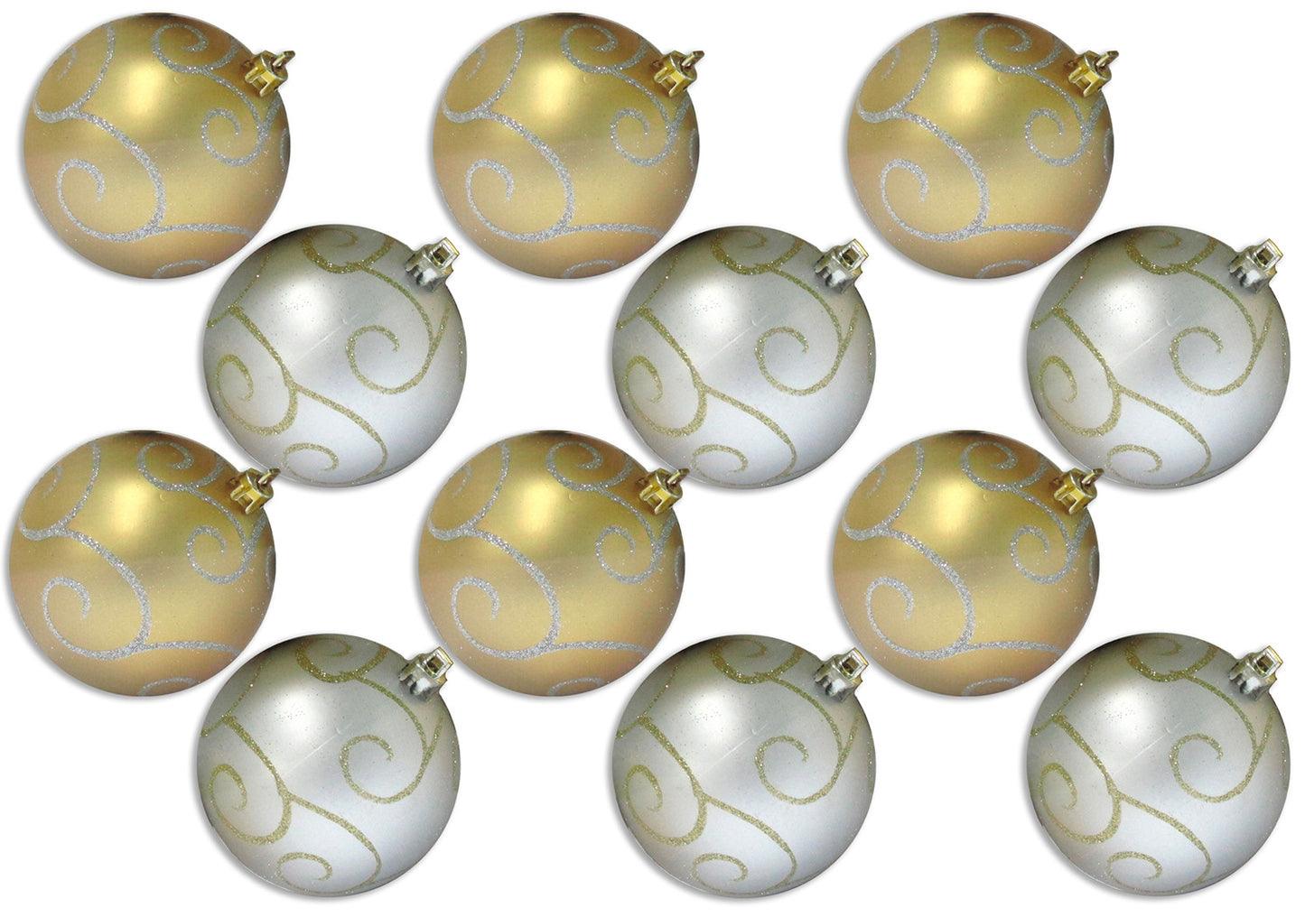 12 Pack of Gold and Silver Ball Ornaments with Gold and Silver Glitter Designs