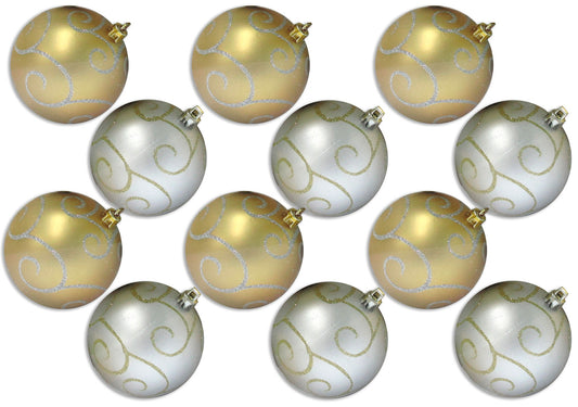 12 Pack of Gold and Silver Ball Ornaments with Gold and Silver Glitter Designs