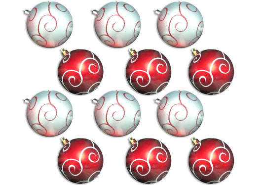 12 Pack of Red and White Ball Ornaments with Glitter Designs