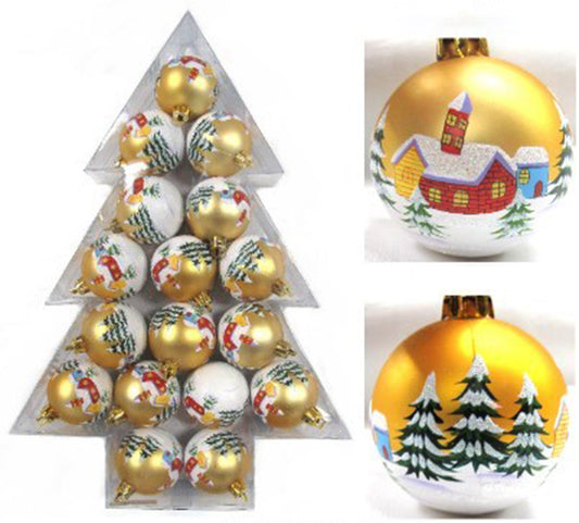 17 Pack of Gold Ball Ornaments with White Glitter and House and Tree Designs