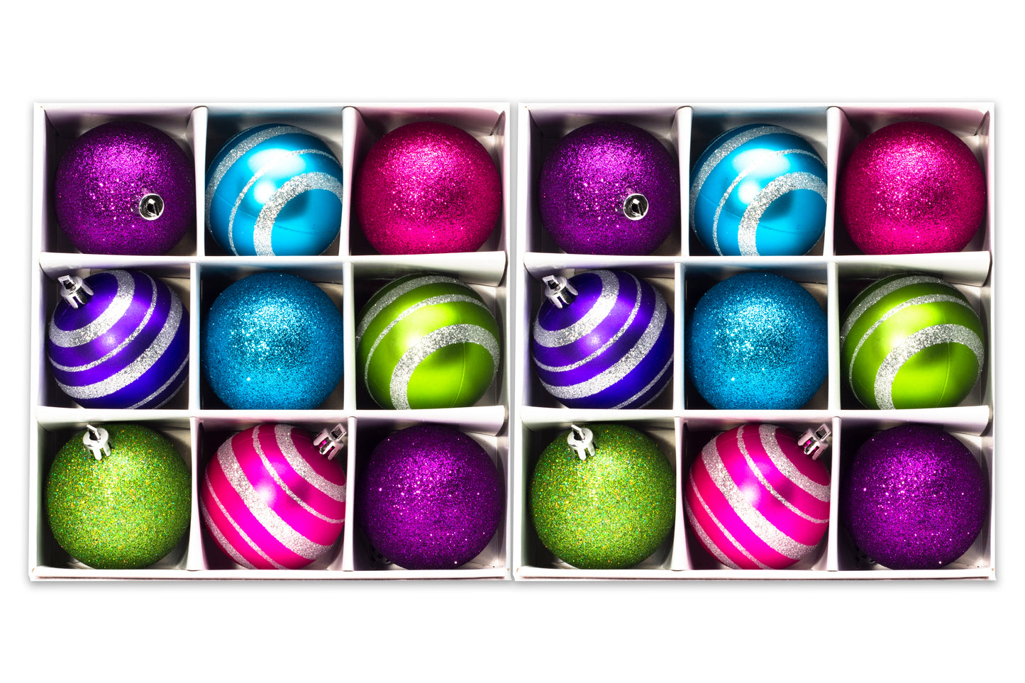 18 Pack of Aqua, Lime Green, Pink and Purple Ornament Set with Silver Glitter Enhancement