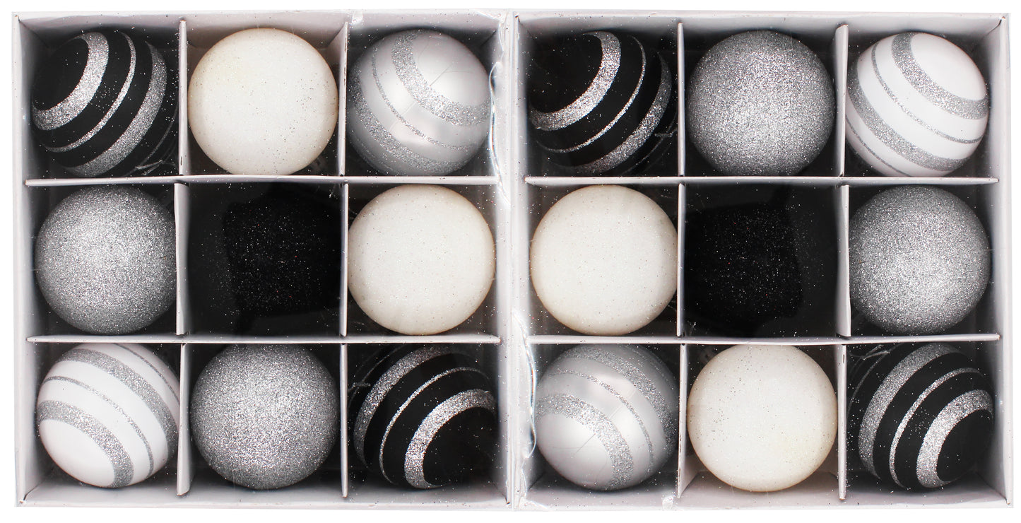 18 Pack of Black, White, and Silver Ball Ornaments with Silver Glitter Enhancement