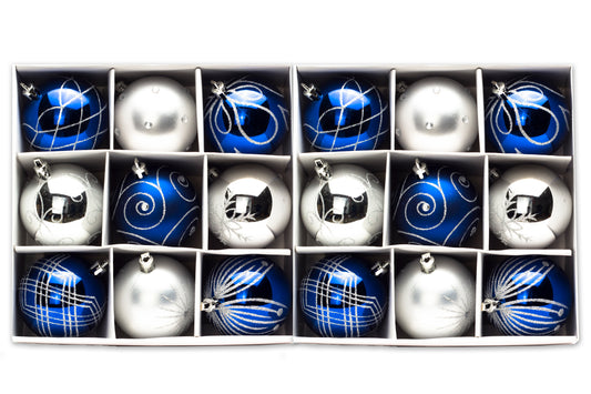 18 Pack of  Blue and Silver Ball Ornaments with Silver Glitter Detail