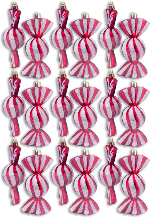 18 Pack of Red and White Candy Ornaments with Glitter Enhancements