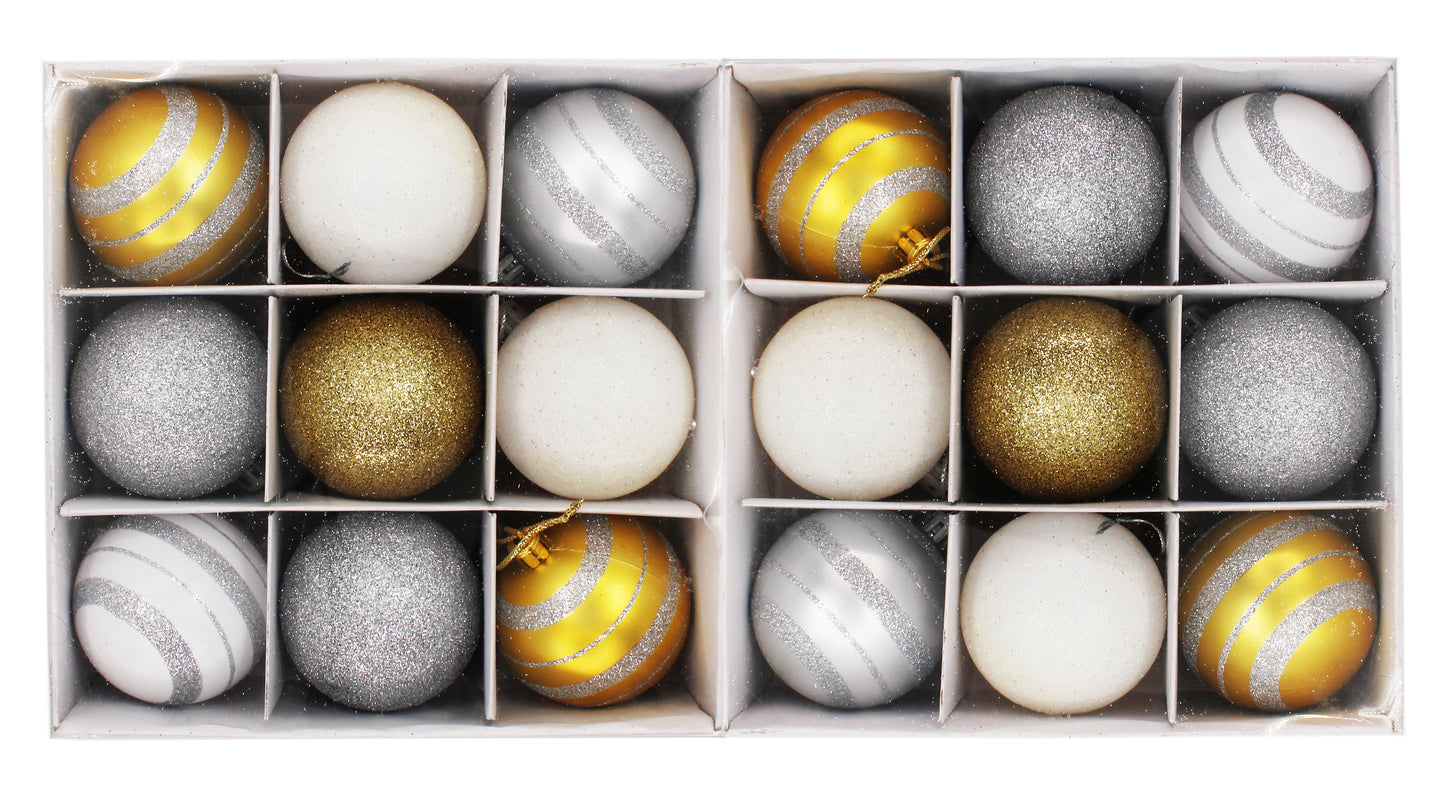 18 Pack of Silver, Gold, and White Ball Ornaments