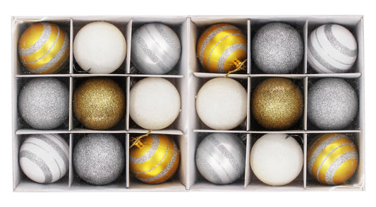 18 Pack of Silver, Gold, and White Ball Ornaments