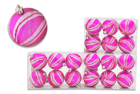 18 Pack of Matte Hot Pink Striped Ornaments with White and Hot Pink Glitter Enhancement