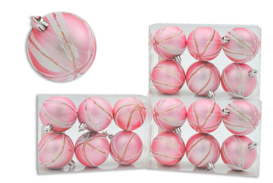 18 Pack 3" Pink Matte Ornament with Pink and White Glitter Spiral Stripes