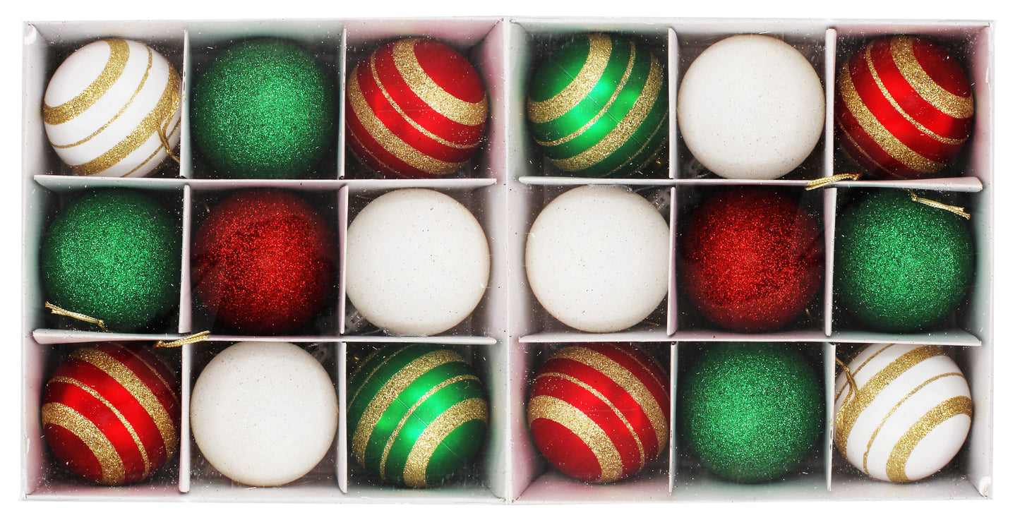 18 Pack of Red, Green, and White Ball Ornaments