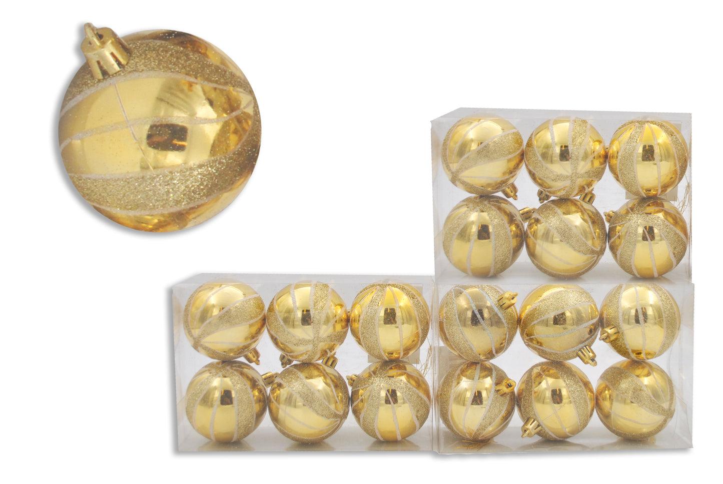 18 Pack of Gold Shiny Striped Ball Ornaments with Gold and White Glitter Enhancement