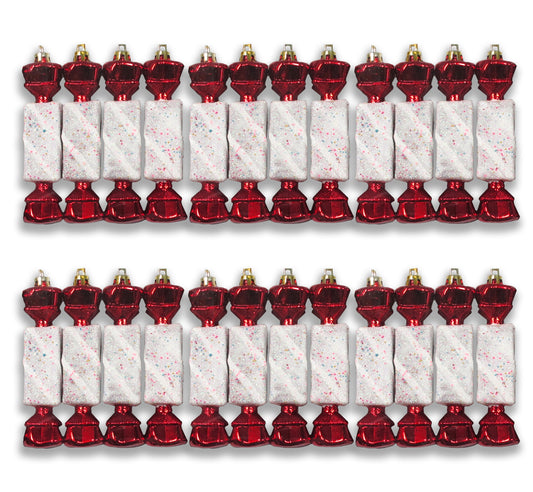 24 Pack of Red and White Candy Ornaments with Glitter Enhancement