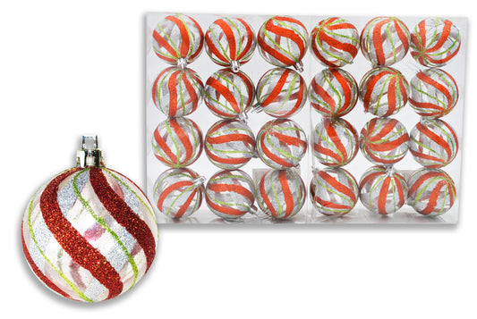 24 Pack of Clear Ball Ornaments with Green, Silver, and Red Glitter Designs