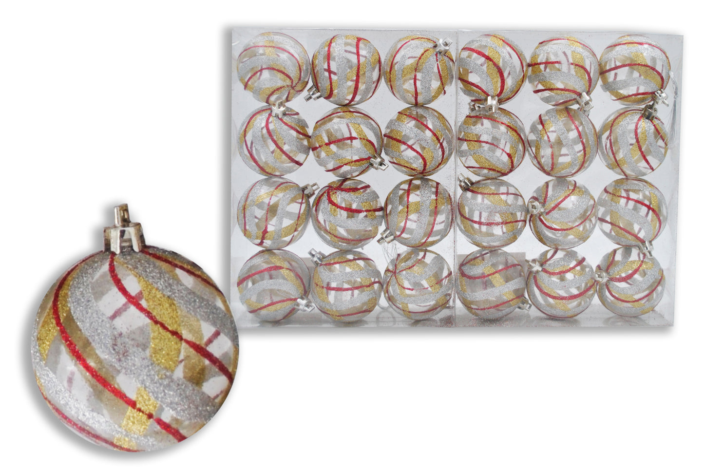 24 Pack Clear Ball Ornament with Red, Silver and Gold Swirl Design