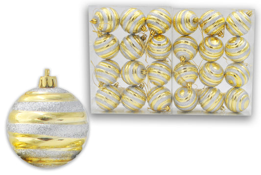 24 Pack of Shiny Gold Ball Ornaments with Silver Glitter Lines