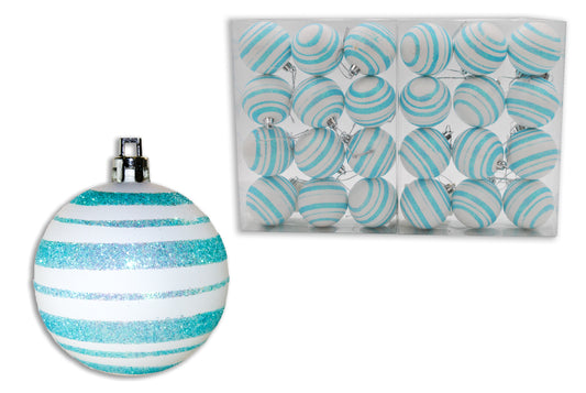 24 Pack of Matte White Ball Ornaments with Aqua Glitter Lines