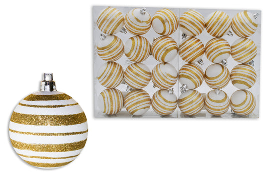 24 Pack of Matte White Ball Ornaments with Gold Glitter Lines