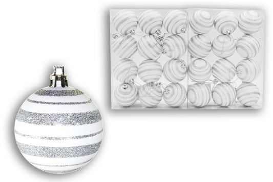 24 Pack of Matte White Ball Ornaments with Silver Glitter Lines