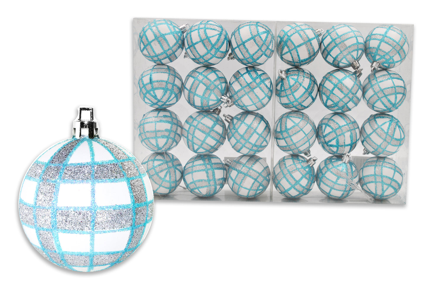 24 Pack of White Ball Ornament with Aqua and Silver Plaid Glitter Enhancements