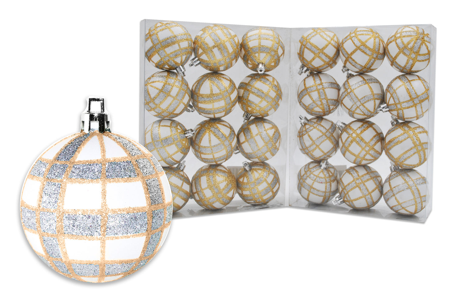 24 Pack of White Ball Ornament with Gold and Silver Plaid Glitter Enhancements