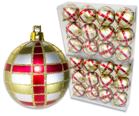 24 Pack of Silver Ball Ornament with Red and Gold Plaid Design