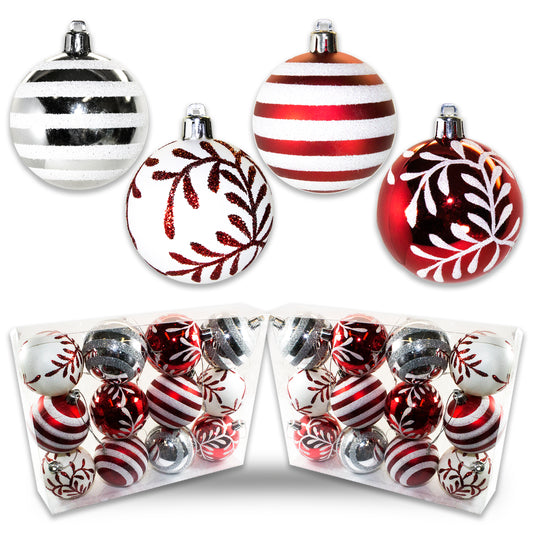 24 Pack of Red and White Assorted Design Ball Ornaments with Glitter Enhancements