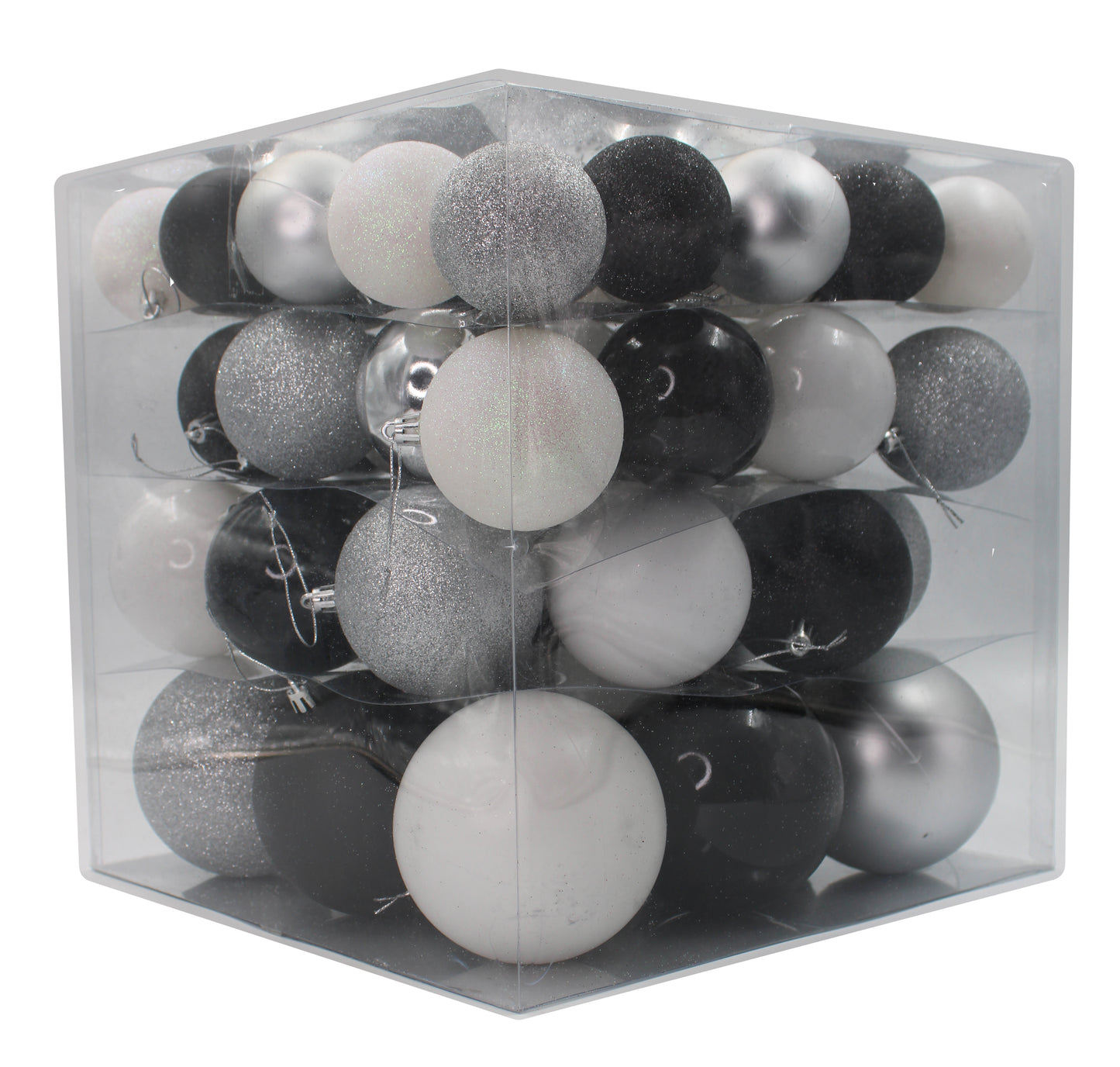 62 Pack of Black, Silver, and White Assorted Ball Ornaments