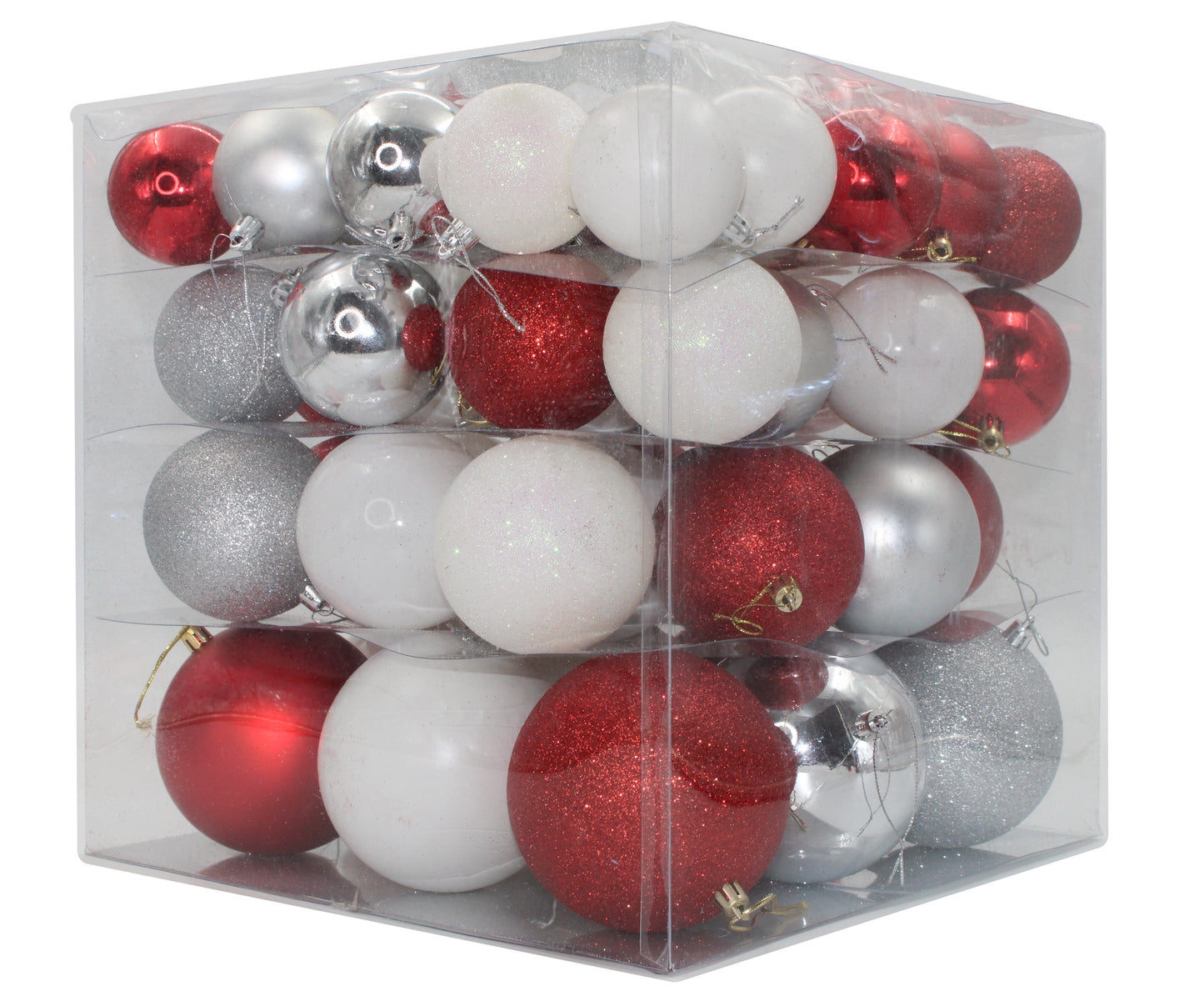 62 Pack of Red, Silver, and White Assorted Ornaments