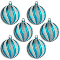 6 Pack of Aqua, Silver, and White Striped Ball Ornaments with Glitter Enhancement