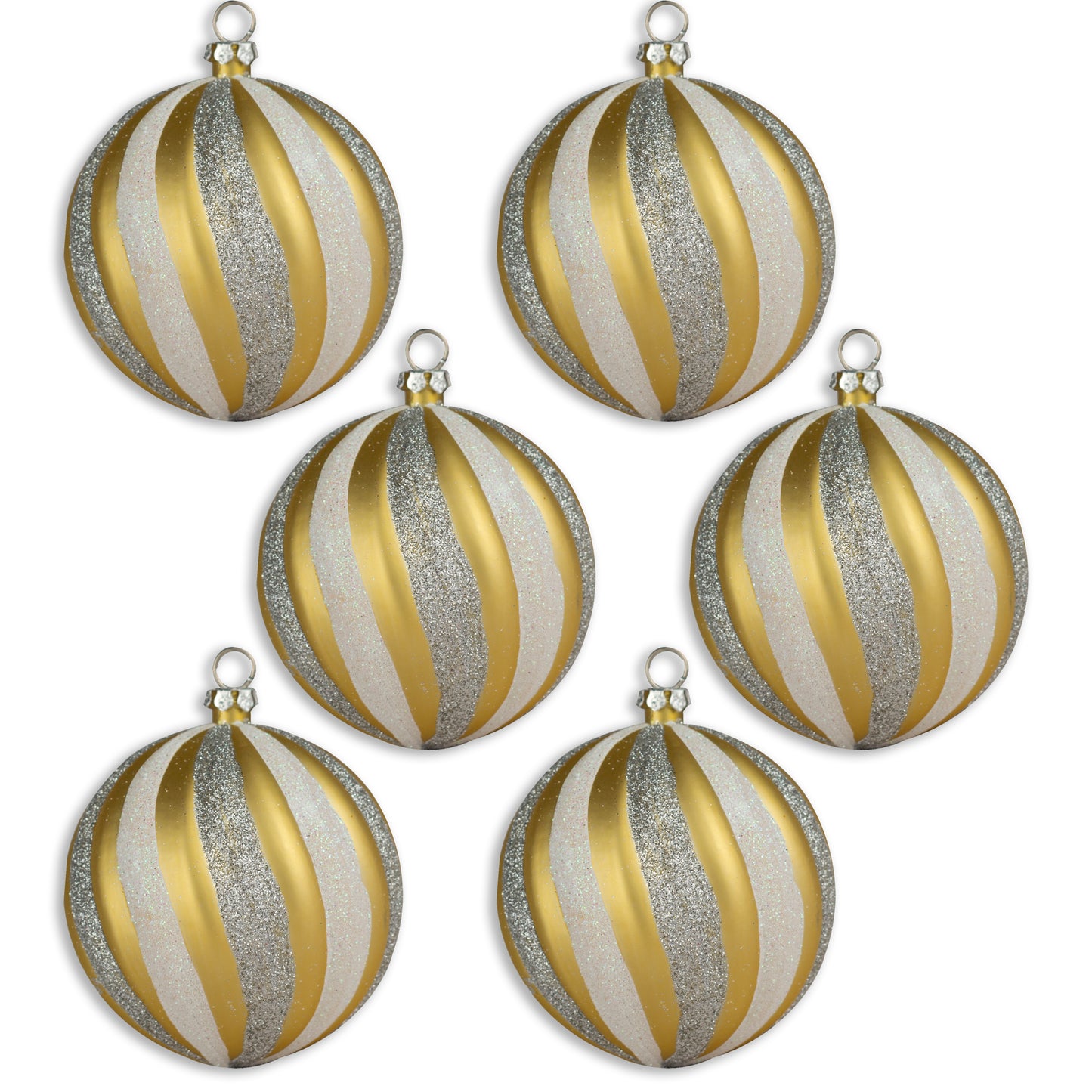 6 Pack of Silver, White, and Gold Striped Ball Ornaments with Glitter Enhancement