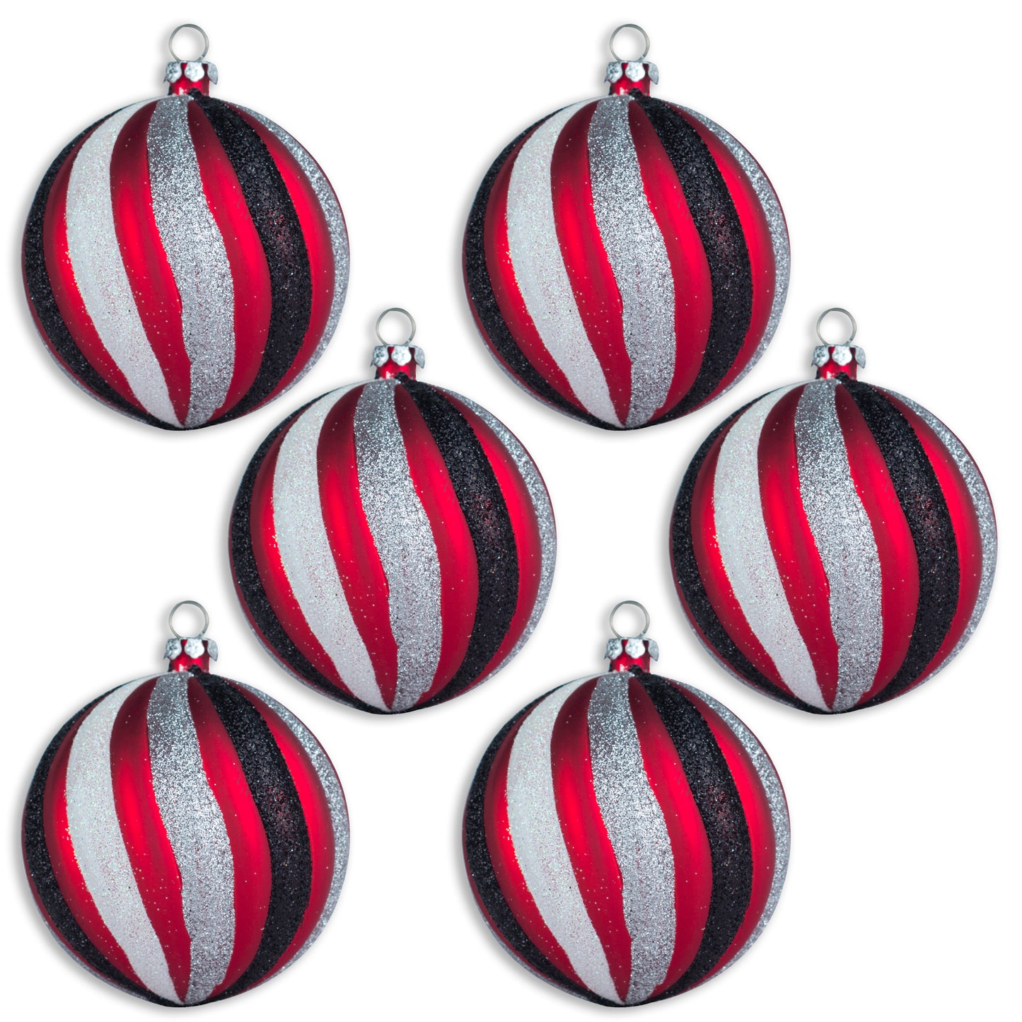 6 Pack of Black, White, Silver, and Red Ball Ornaments with Glitter Enhancements