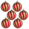 6 Pack of Red and Gold Striped Ball Ornaments with Glitter Enhancement