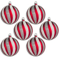 6 Pack of Red, Silver, and White Striped Ball Ornaments with Glitter Enhancement