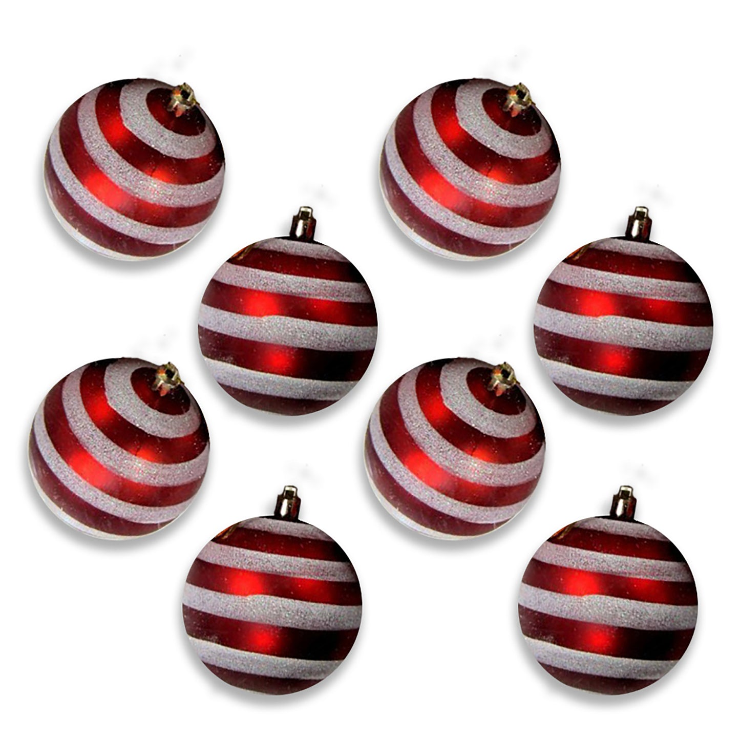 8 Pack of Matte Red Ball Ornaments with White Glitter Stripes