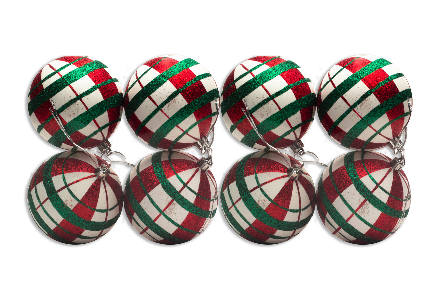 8 Pack 80mm Red, Green, and White Plaid Ball Ornaments