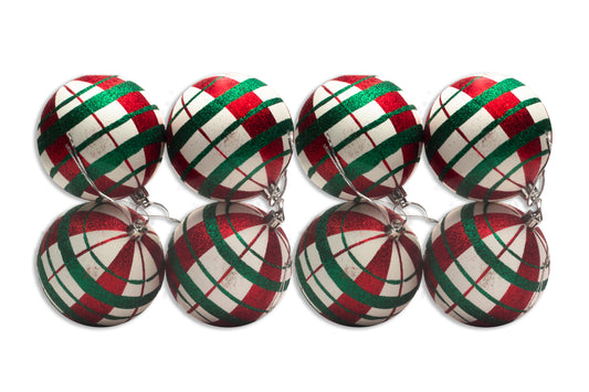 8 Pack 80mm Red, Green, and White Plaid Ball Ornaments