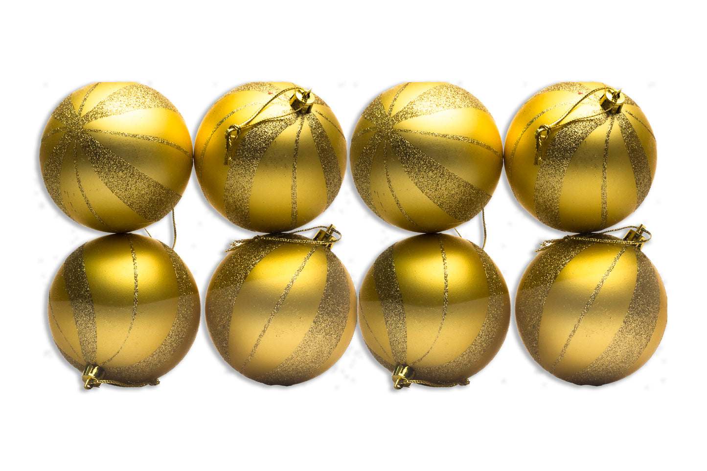 8 Pack of Matte Gold Ball Ornaments with Gold Glitter Swirl Designs