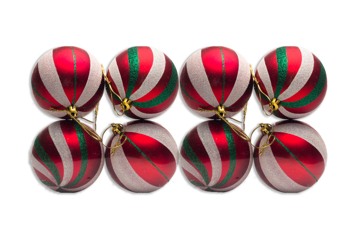 8 Pack of Matte Red Ball Ornaments with Green and White Glitter Designs